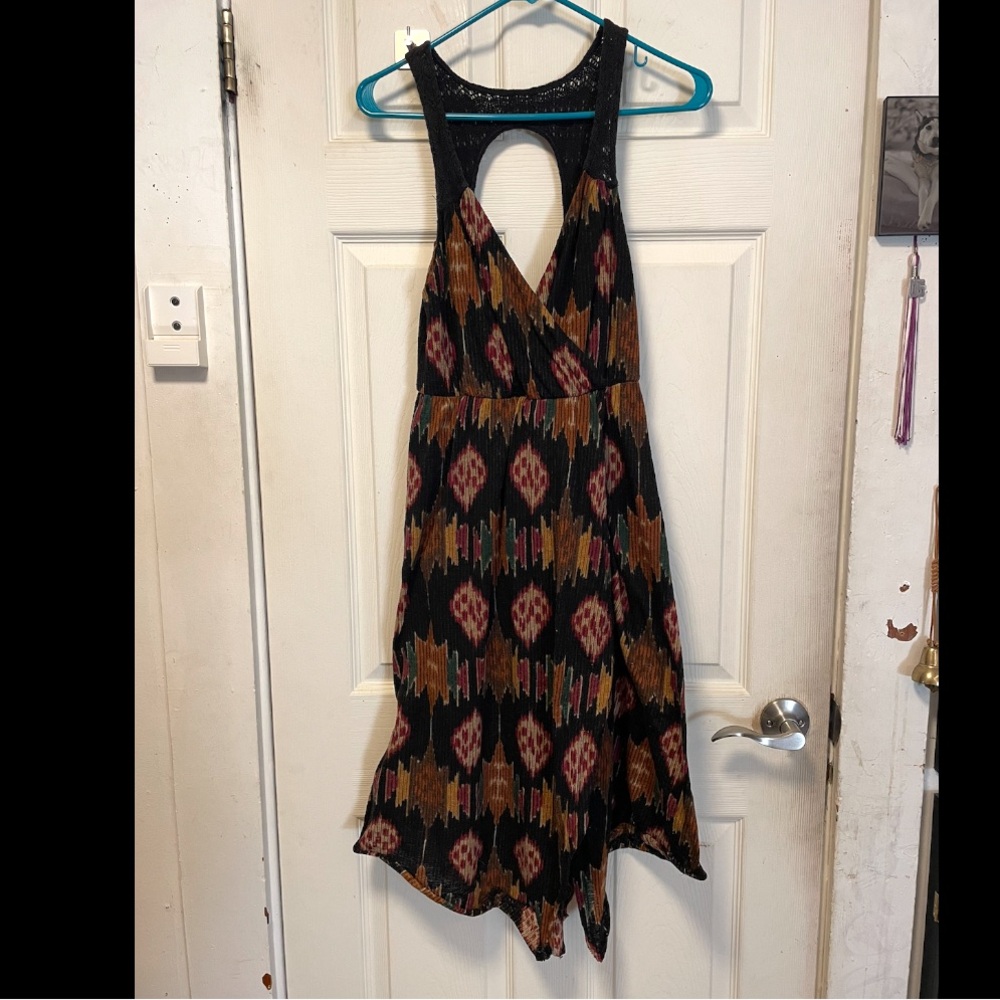 Free People All Wrapped Up Midi Dress Size M Ikat Print Brown Pink Black Crochet